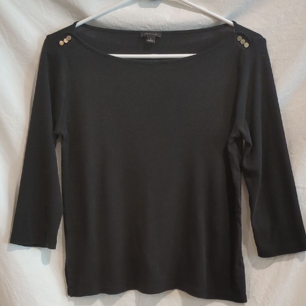 Ann Taylor | Dark Black Cotton Knit Top Wide Neckline 3/4 Sleeves | S